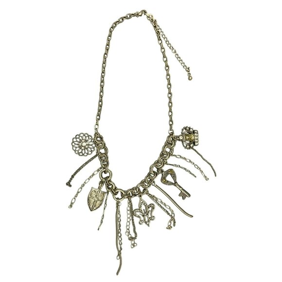 Steampunk Waterfall Charm Necklace With Key, Shield, Crown and Fleur-De-Lis Char - Picture 2 of 9